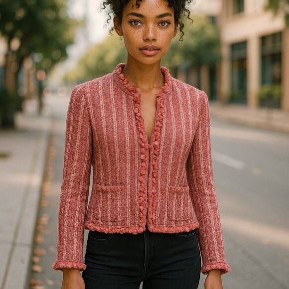 Vintage Jackets & Blazers - VINTAGE CHADWICKS Pink Boucle Tweed Crop Jacket 10 M Blazer Ribbon Fringe Shaggy